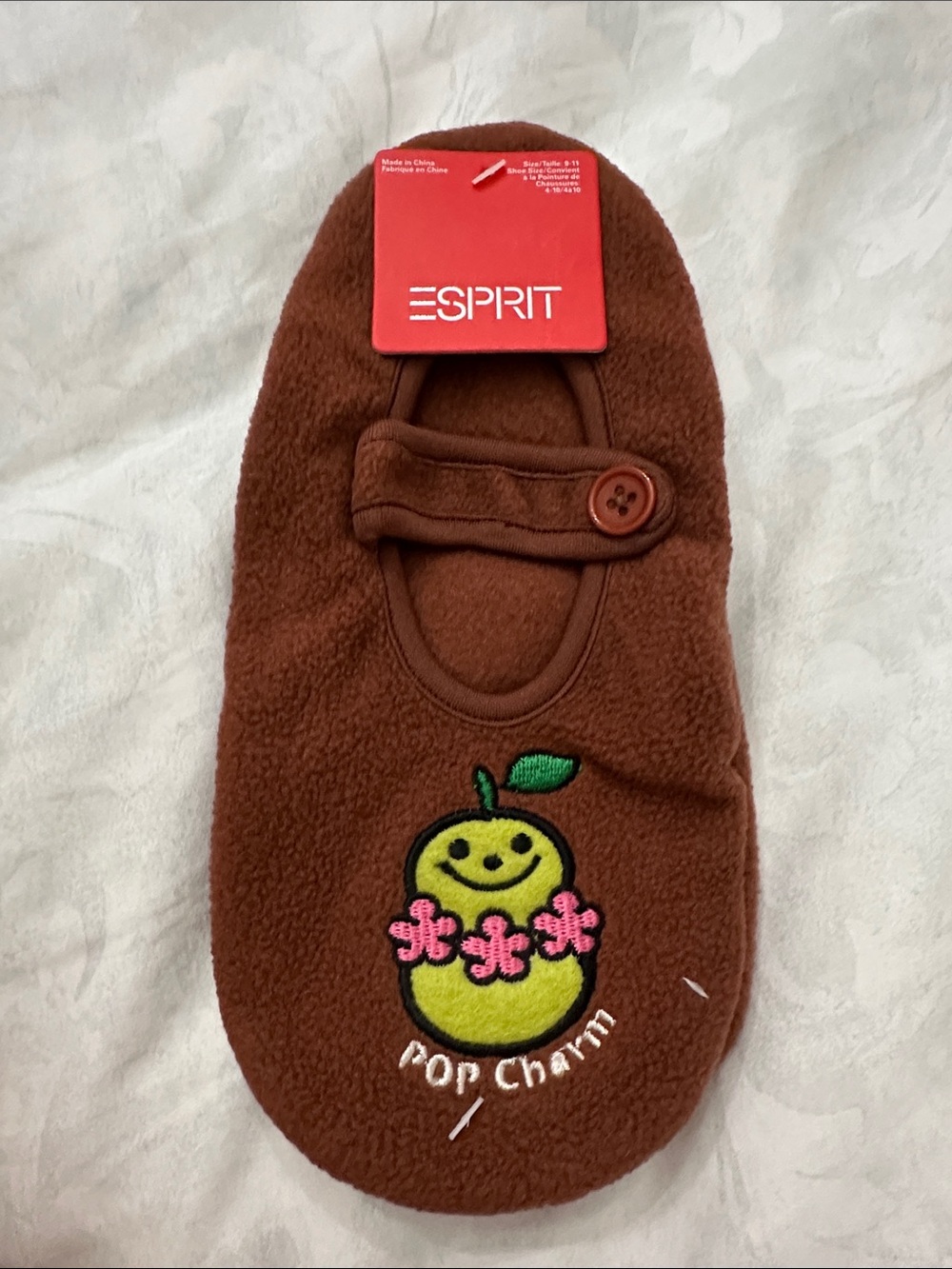 Esprit Brown Mary Jane Fleece Slip-On with Cheerful Embroidered Fruit